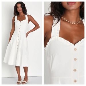 NEW Lulus Italian Romance White Ruffled A-Line Midi Dress With Pockets Womens XL
